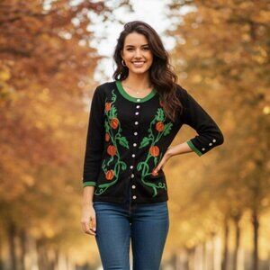 Unbranded Vintage Pumpkin Vine Cardigan Sweater Button Up Stretchy Fall Knit Top